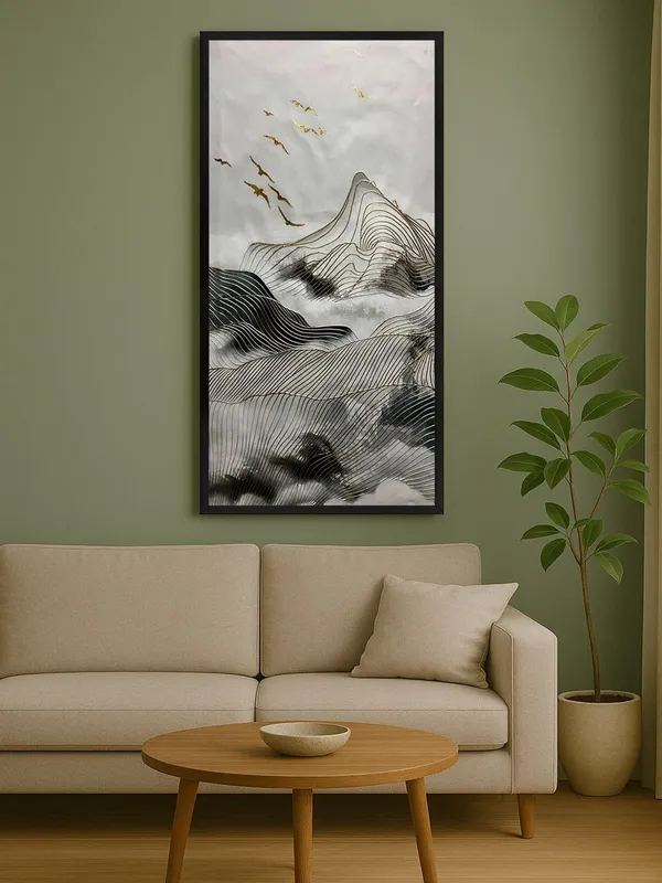Modern_Abstract_Mountain_Landscape_Canvas_Wall_Art_with_Black_Frame,_120_x_60_cm,_Grey_and_Gold