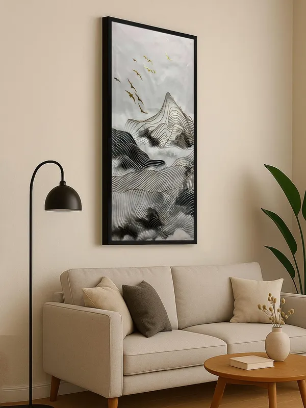 Modern_Abstract_Mountain_Landscape_Canvas_Wall_Art_with_Black_Frame,_120_x_60_cm,_Grey_and_Gold