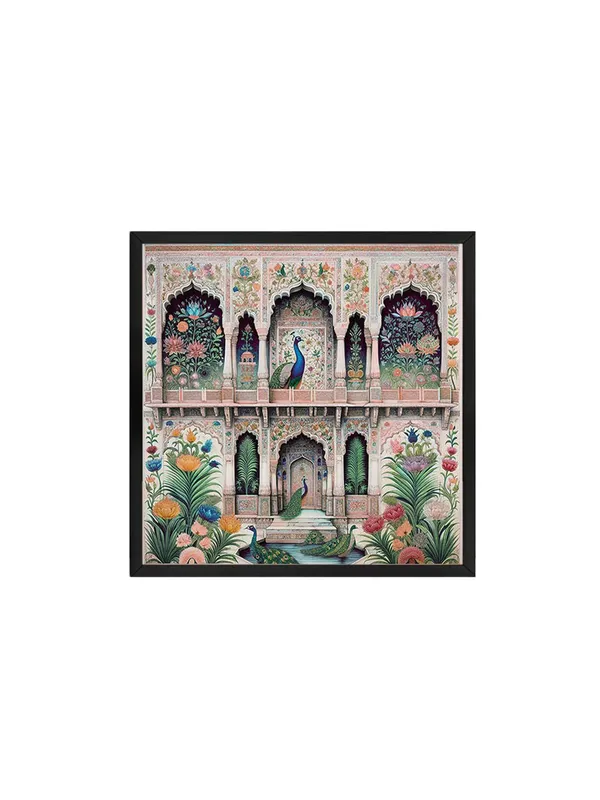 Box_Fiber_Frame_Traditional_Indian_Architectural_Art_Print_-_Intricate_Floral_Patterns_and_Elegant_Peacocks_on_Vibrant_Fa�ade_(BLF24X240157)