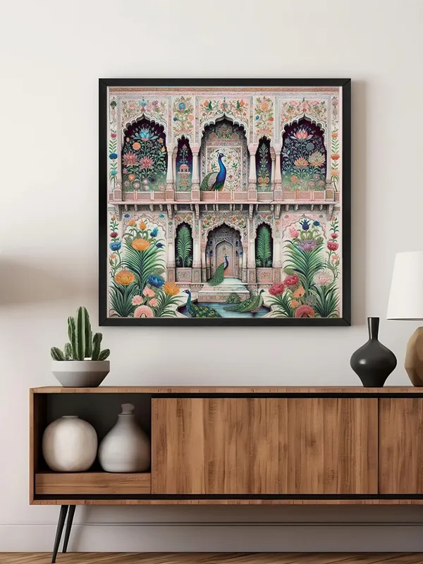 Box_Fiber_Frame_Traditional_Indian_Architectural_Art_Print_-_Intricate_Floral_Patterns_and_Elegant_Peacocks_on_Vibrant_Fa�ade_(BLF24X240157)