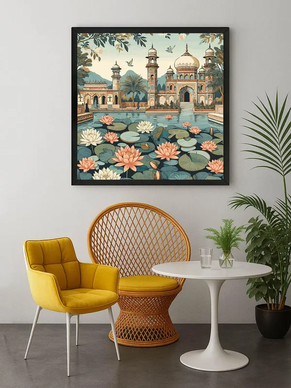 Box_Fiber_Frame_indian_art_lotus_flowers_and_the_architectural_beauty_of_the_palace_lotus_flower_painting_for_bedroom_(BLF36X360222)