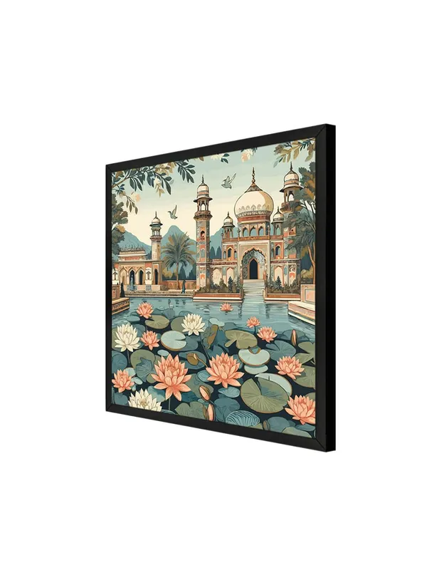 Box_Fiber_Frame_indian_art_lotus_flowers_and_the_architectural_beauty_of_the_palace_lotus_flower_painting_for_bedroom_(BLF36X360222)