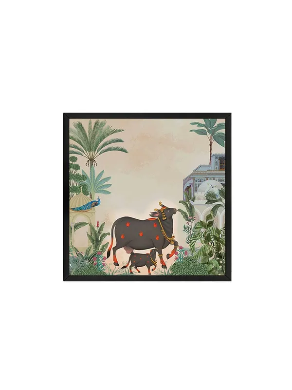 Box_Fiber_Frame_Traditional_Indian_Garden_Art_Print_-_Elegant_Black_Cow_and_Calf_with_Tropical_Foliage_and_Historic_Architecture_for_Serene_Home_D�cor_(BLF24X240152)