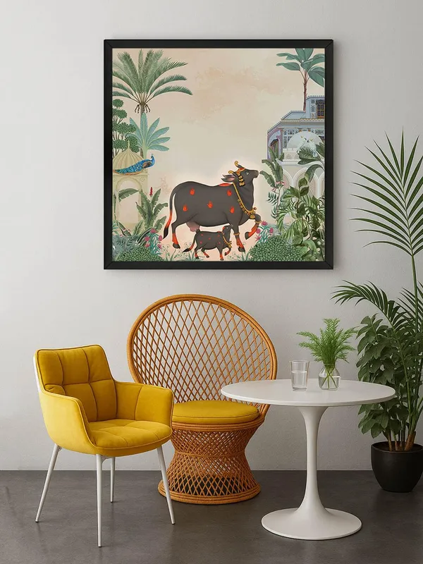 Box_Fiber_Frame_Traditional_Indian_Garden_Art_Print_-_Elegant_Black_Cow_and_Calf_with_Tropical_Foliage_and_Historic_Architecture_for_Serene_Home_D�cor_(BLF24X240152)