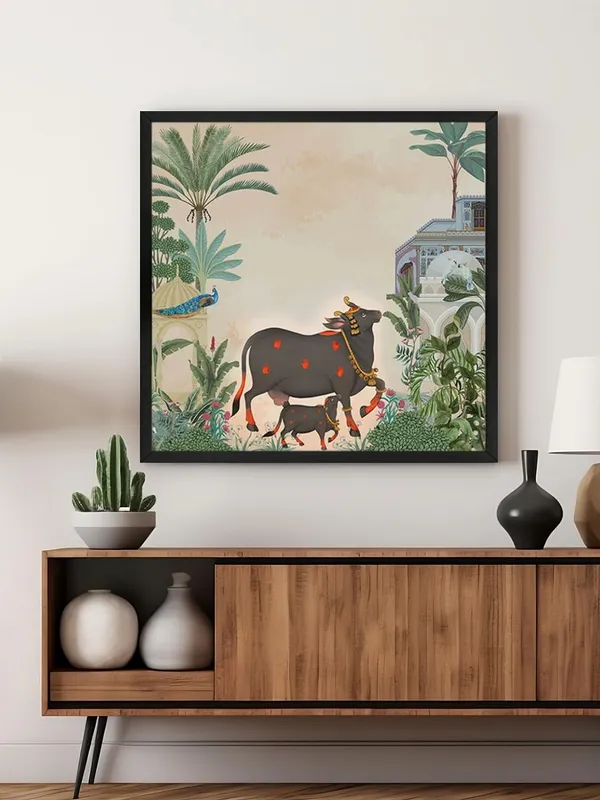 Box_Fiber_Frame_Traditional_Indian_Garden_Art_Print_-_Elegant_Black_Cow_and_Calf_with_Tropical_Foliage_and_Historic_Architecture_for_Serene_Home_D�cor_(BLF24X240152)