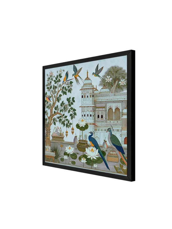 Box_Fiber_Frame_Traditional_Indian_Garden_Art_Print_-_Elegant_Peacocks_and_Birds_with_Lush_Foliage_and_Historic_Architecture_(BLF24X240161)