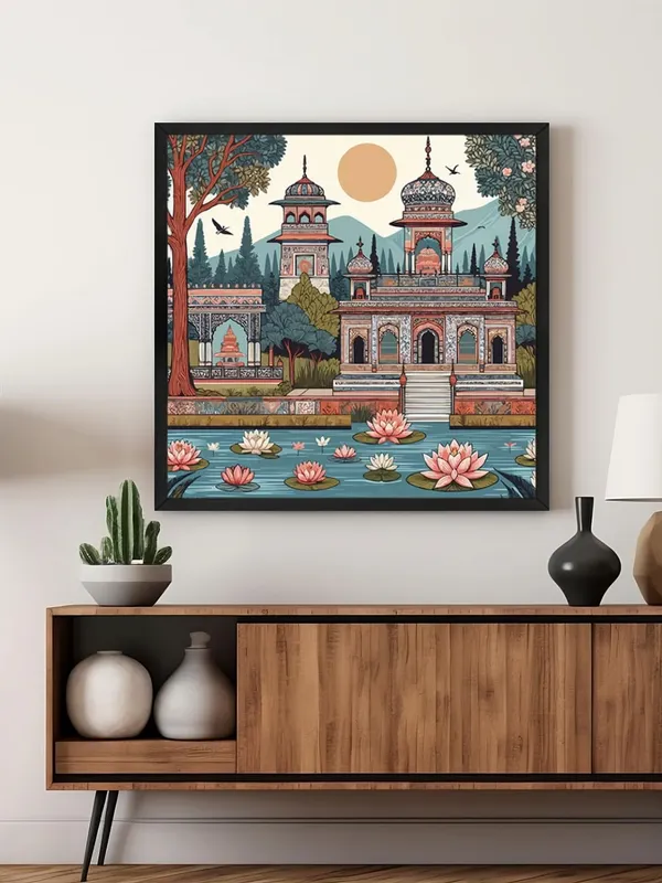 Box_Fiber_Frame_indian_art_raj_mahal_with_garden_and_lotus_sun_modern_art_wall_painting_for_home_indian_miniature_painting_(BLF36X360220)