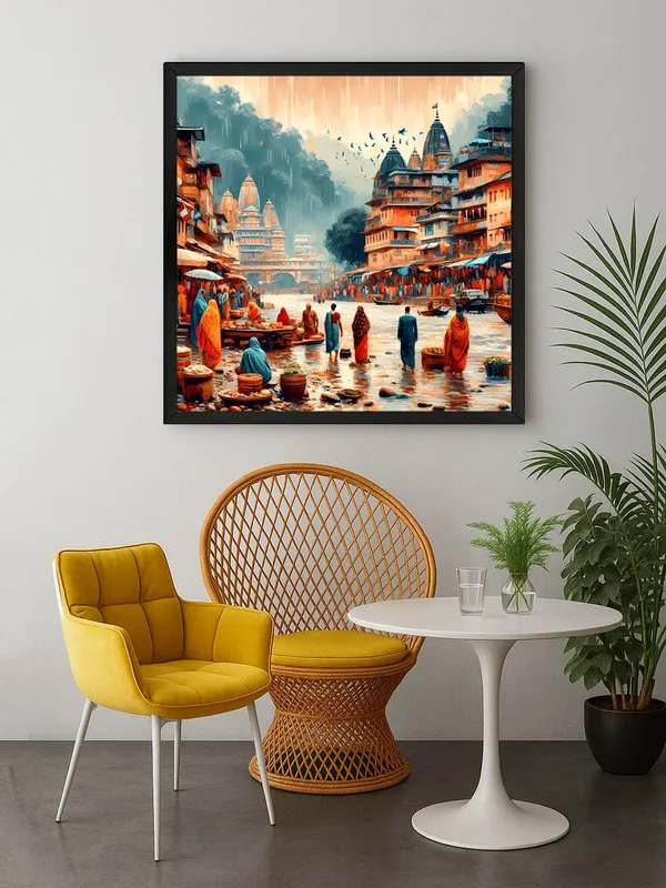 Box_Fiber_Frame_Monsoon_in_the_Sacred_City_of_people_walking_along_the_riverbanks_in_a_city,_with_raindrops_city_painting_for_wall_decoration_(BLF36X360182)