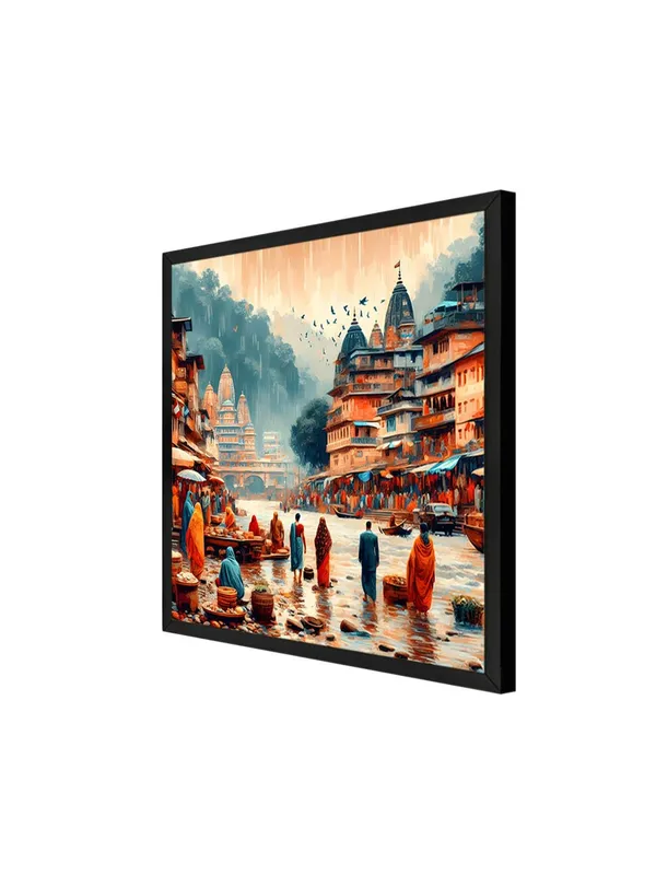 Box_Fiber_Frame_Monsoon_in_the_Sacred_City_of_people_walking_along_the_riverbanks_in_a_city,_with_raindrops_city_painting_for_wall_decoration_(BLF36X360182)