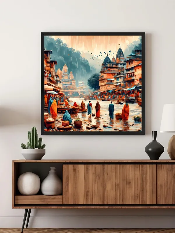 Box_Fiber_Frame_Monsoon_in_the_Sacred_City_of_people_walking_along_the_riverbanks_in_a_city,_with_raindrops_city_painting_for_wall_decoration_(BLF36X360182)