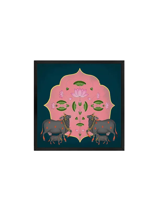 Box_Fiber_Frame_Symmetrical_Cow_and_Lotus_Flower_Art_Print_-_Decorative_Traditional_Painting_with_Bold_Color_Palette_and_Elegant_Gold_Accents_(BLF36X360169)