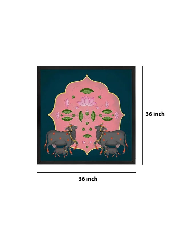 Box_Fiber_Frame_Symmetrical_Cow_and_Lotus_Flower_Art_Print_-_Decorative_Traditional_Painting_with_Bold_Color_Palette_and_Elegant_Gold_Accents_(BLF36X360169)