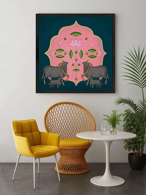 Box_Fiber_Frame_Symmetrical_Cow_and_Lotus_Flower_Art_Print_-_Decorative_Traditional_Painting_with_Bold_Color_Palette_and_Elegant_Gold_Accents_(BLF36X360169)