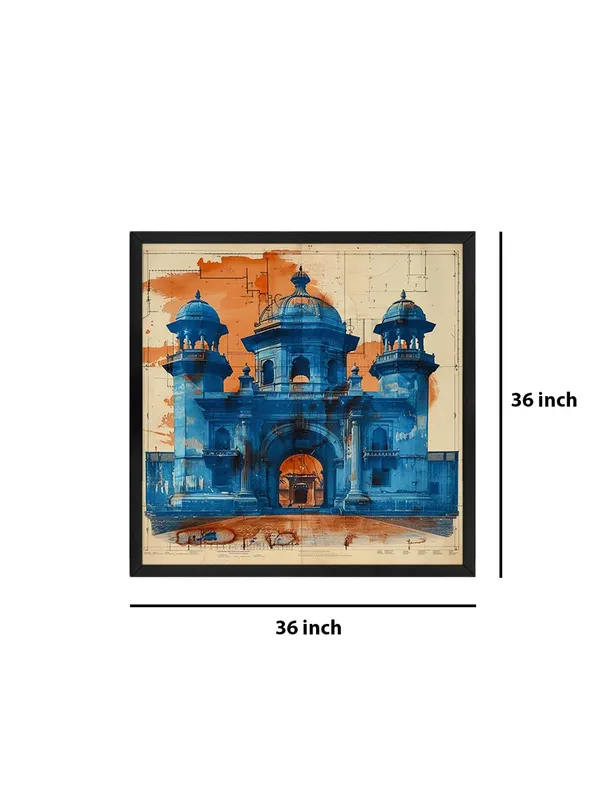 Box_Fiber_Frame_this_artwork_is_An_artistic_depiction_of_an_architectural_blueprint_in_blue,_contrasted_with_warm_orange_tones_painting_for_wall_decoration_(BLF36X360204)