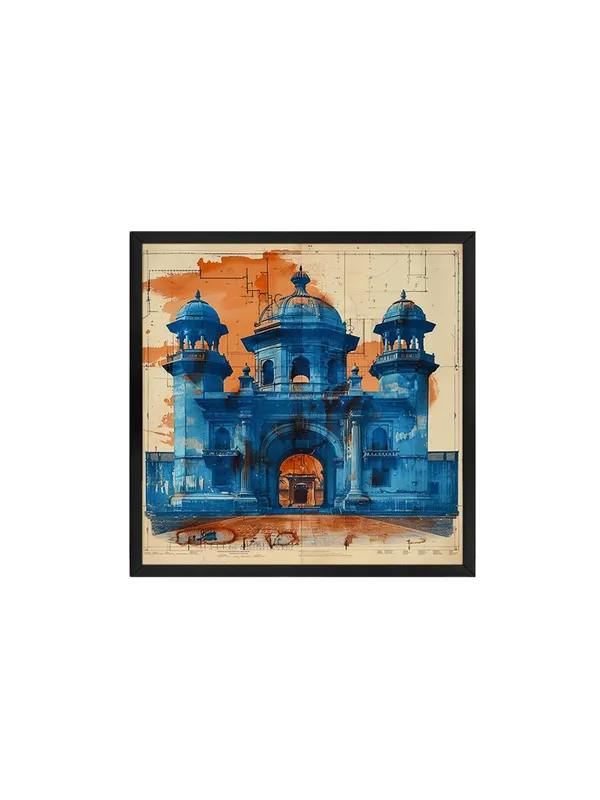 Box_Fiber_Frame_this_artwork_is_An_artistic_depiction_of_an_architectural_blueprint_in_blue,_contrasted_with_warm_orange_tones_painting_for_wall_decoration_(BLF36X360204)