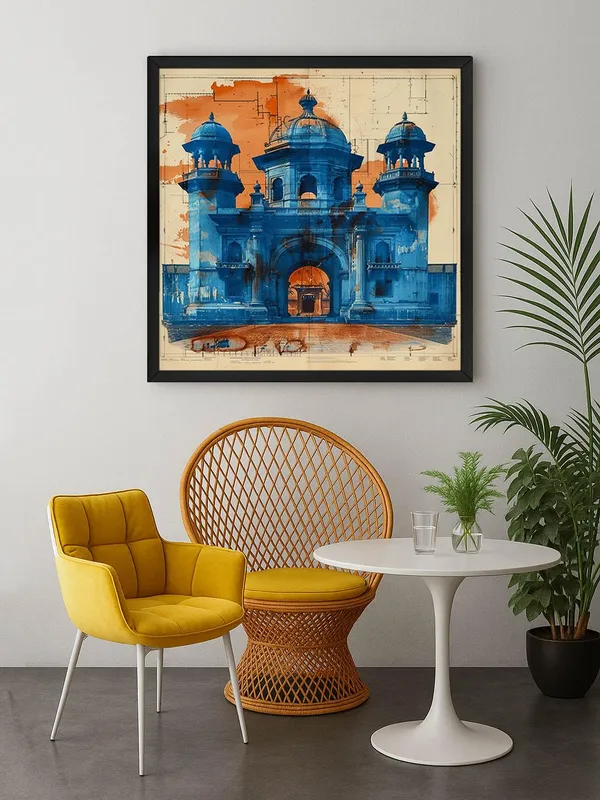 Box_Fiber_Frame_this_artwork_is_An_artistic_depiction_of_an_architectural_blueprint_in_blue,_contrasted_with_warm_orange_tones_painting_for_wall_decoration_(BLF36X360204)