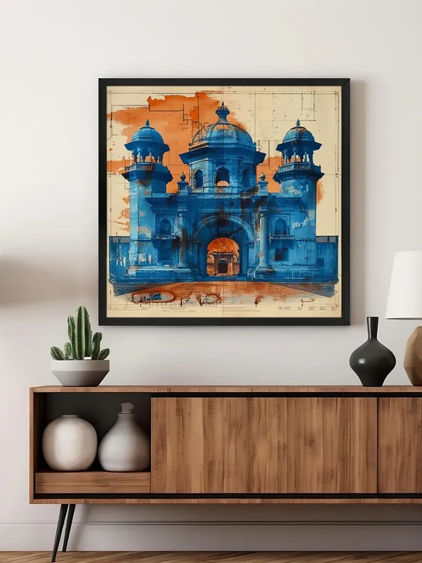 Box_Fiber_Frame_this_artwork_is_An_artistic_depiction_of_an_architectural_blueprint_in_blue,_contrasted_with_warm_orange_tones_painting_for_wall_decoration_(BLF36X360204)