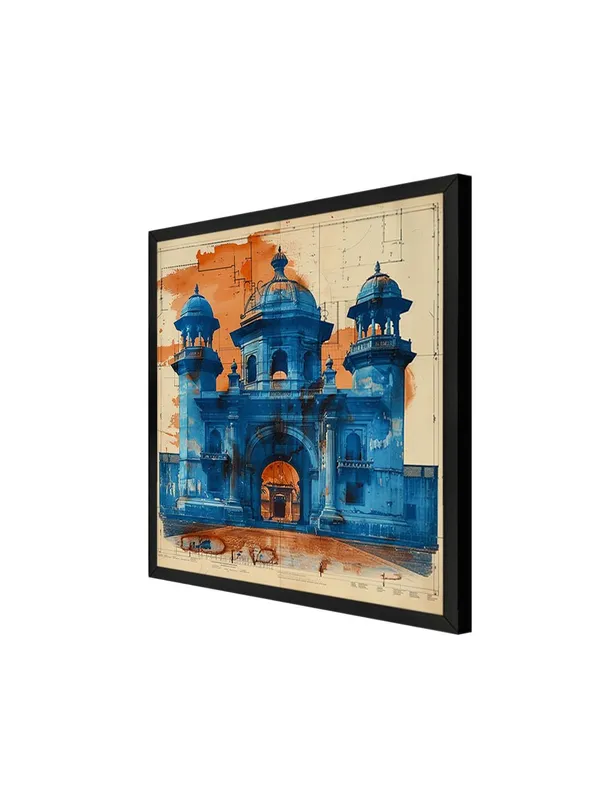 Box_Fiber_Frame_this_artwork_is_An_artistic_depiction_of_an_architectural_blueprint_in_blue,_contrasted_with_warm_orange_tones_painting_for_wall_decoration_(BLF36X360204)