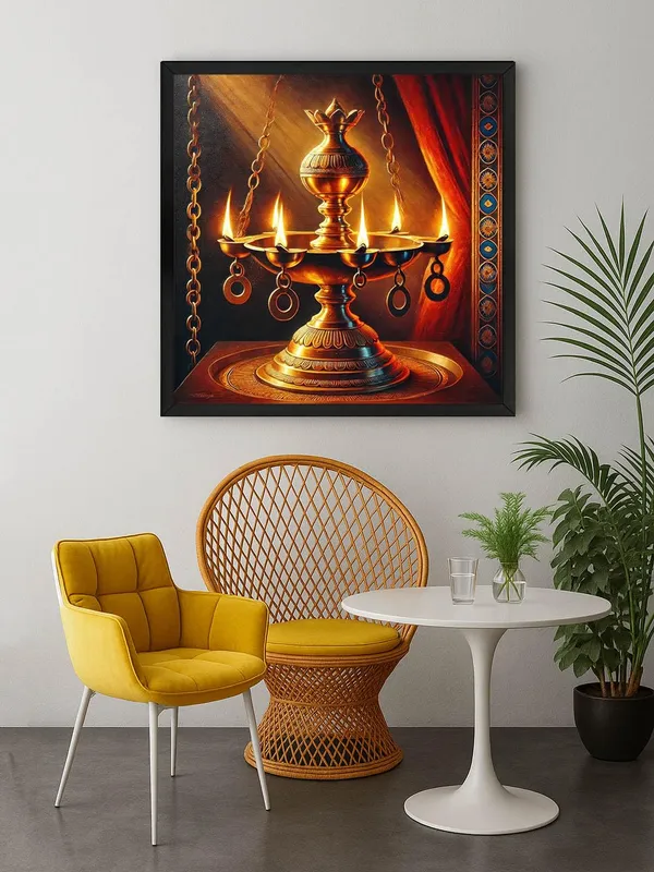 Box_Fiber_Frame_Sacred_Brass_Lamp:_A_Canvas_Painting_Capturing_the_Radiance_and_Tradition_of_an_Ornate_Flame-Lit_Lamp_(BLF24X240304)