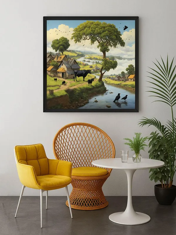 Box_Fiber_Frame_a_peaceful_village_scene_by_a_river_with_cows_grazing_and_birds_by_the_watervillage_scene_painting_vastu_(BLF36X360177)