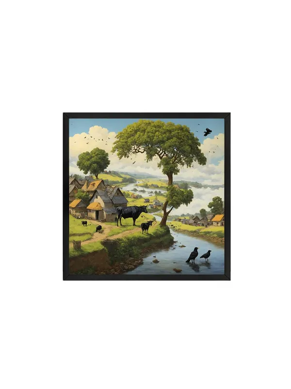 Box_Fiber_Frame_a_peaceful_village_scene_by_a_river_with_cows_grazing_and_birds_by_the_watervillage_scene_painting_vastu_(BLF36X360177)