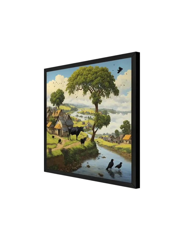 Box_Fiber_Frame_a_peaceful_village_scene_by_a_river_with_cows_grazing_and_birds_by_the_watervillage_scene_painting_vastu_(BLF36X360177)