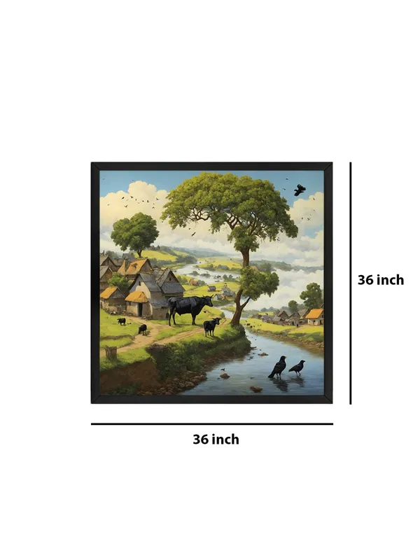 Box_Fiber_Frame_a_peaceful_village_scene_by_a_river_with_cows_grazing_and_birds_by_the_watervillage_scene_painting_vastu_(BLF36X360177)