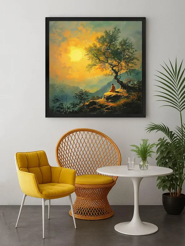 Box_Fiber_Frame_showing_a_monk_meditating_on_a_hill_under_a_setting_sun_and_tree_tree_painting_for_wall_decoration_(BLF24X240191)