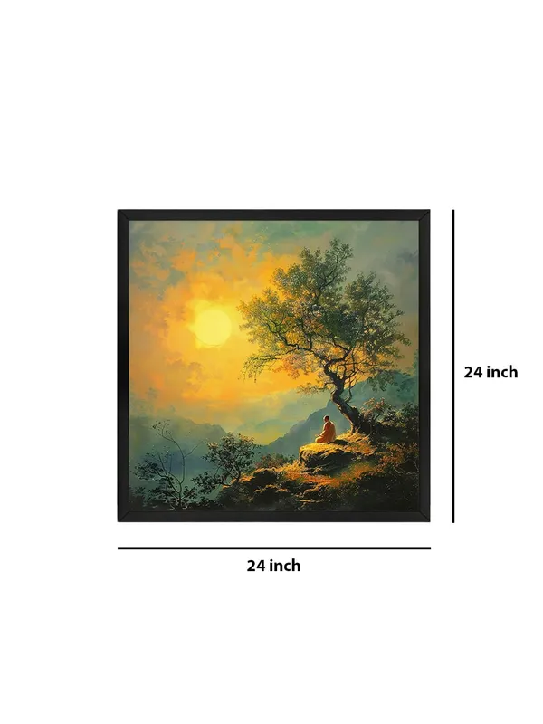 Box_Fiber_Frame_showing_a_monk_meditating_on_a_hill_under_a_setting_sun_and_tree_tree_painting_for_wall_decoration_(BLF24X240191)