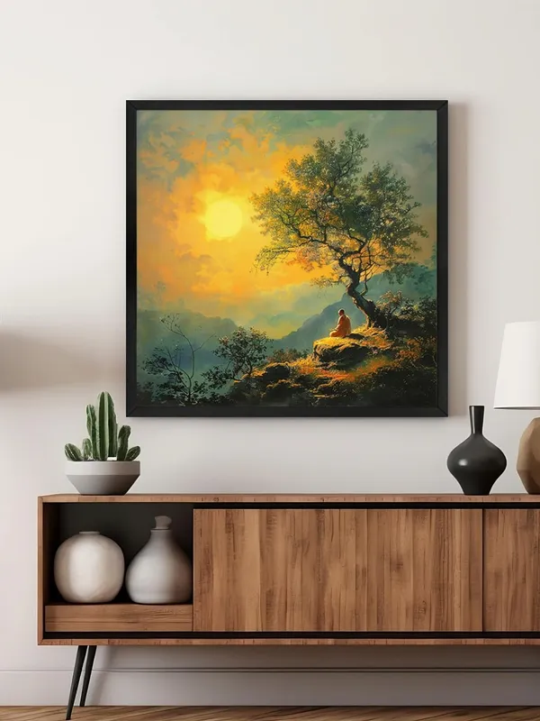 Box_Fiber_Frame_showing_a_monk_meditating_on_a_hill_under_a_setting_sun_and_tree_tree_painting_for_wall_decoration_(BLF24X240191)