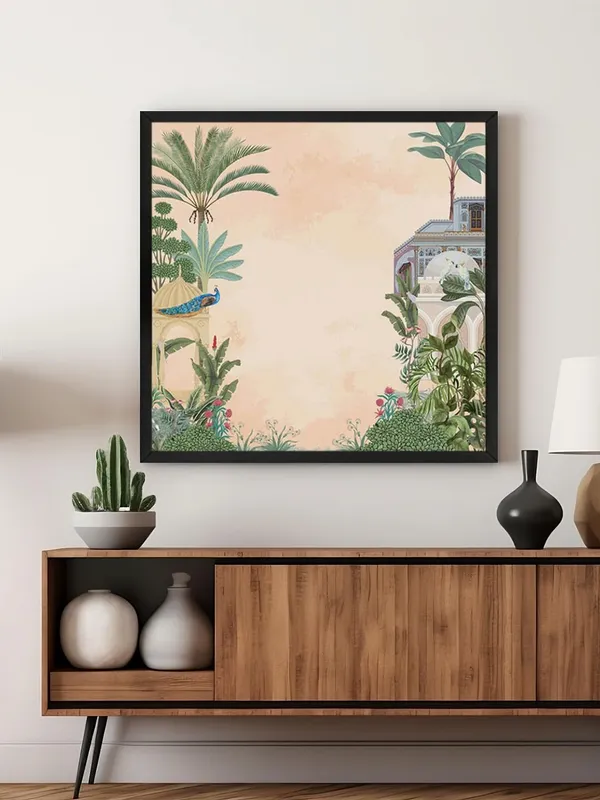 Box_Fiber_Frame_Traditional_Indian_Garden_Art_Print_-_Elegant_Peacock_and_Tropical_Foliage_with_Historic_Architecture_for_Serene_Home_D�cor_(BLF24X240148)