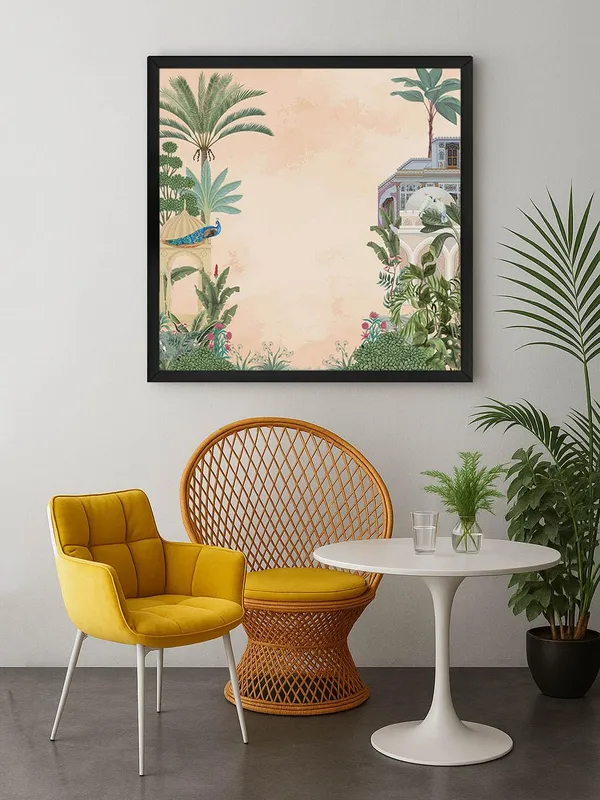 Box_Fiber_Frame_Traditional_Indian_Garden_Art_Print_-_Elegant_Peacock_and_Tropical_Foliage_with_Historic_Architecture_for_Serene_Home_D�cor_(BLF24X240148)