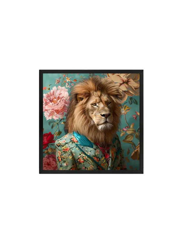 Box_Fiber_Frame_Lion_in_Green_Floral_Canvas-Wrapped_Painting,_36X36_Creative_Decor_for_Stylish_Homes_(BLF36X360327)