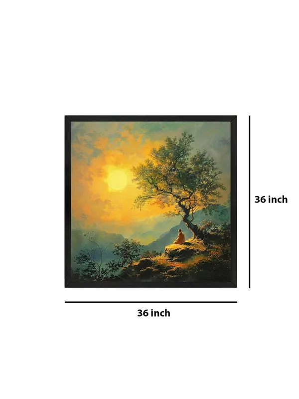 Box_Fiber_Frame_showing_a_monk_meditating_on_a_hill_under_a_setting_sun_and_tree_tree_painting_for_wall_decoration_(BLF36X360191)