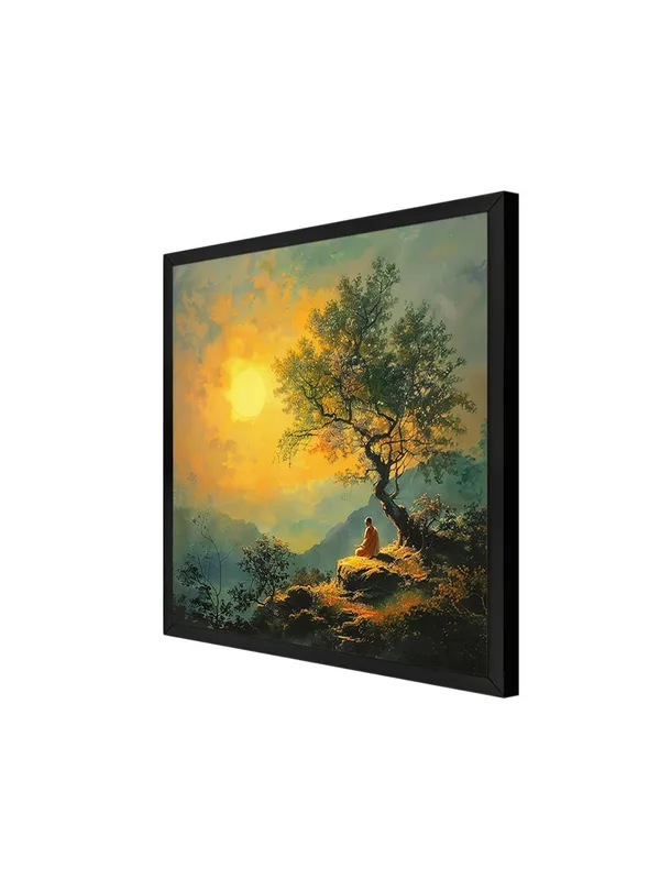 Box_Fiber_Frame_showing_a_monk_meditating_on_a_hill_under_a_setting_sun_and_tree_tree_painting_for_wall_decoration_(BLF36X360191)