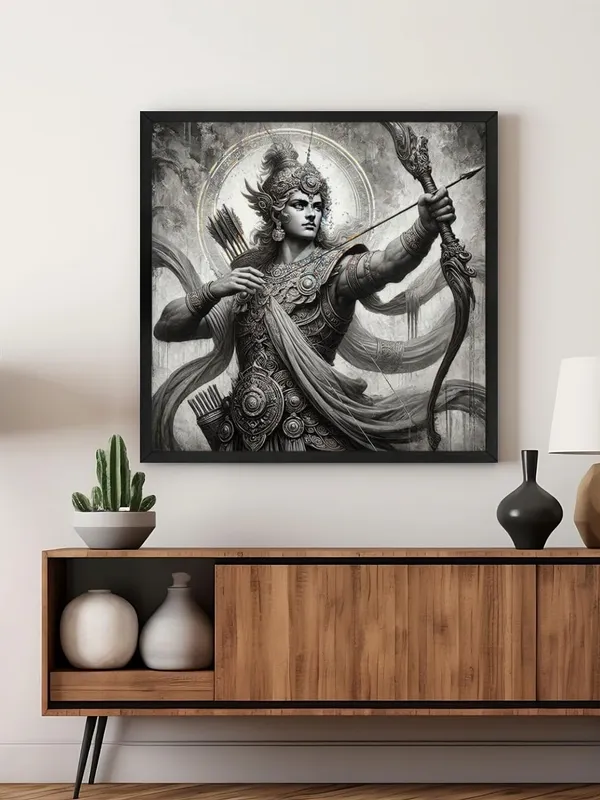 Box_Fiber_Frame_Arjuna_the_Archer_in_Battle_Canvas-Wrapped_Painting,_�_Black_and_White_Epic_Art_36X36_Inches_(BLF36X360530)