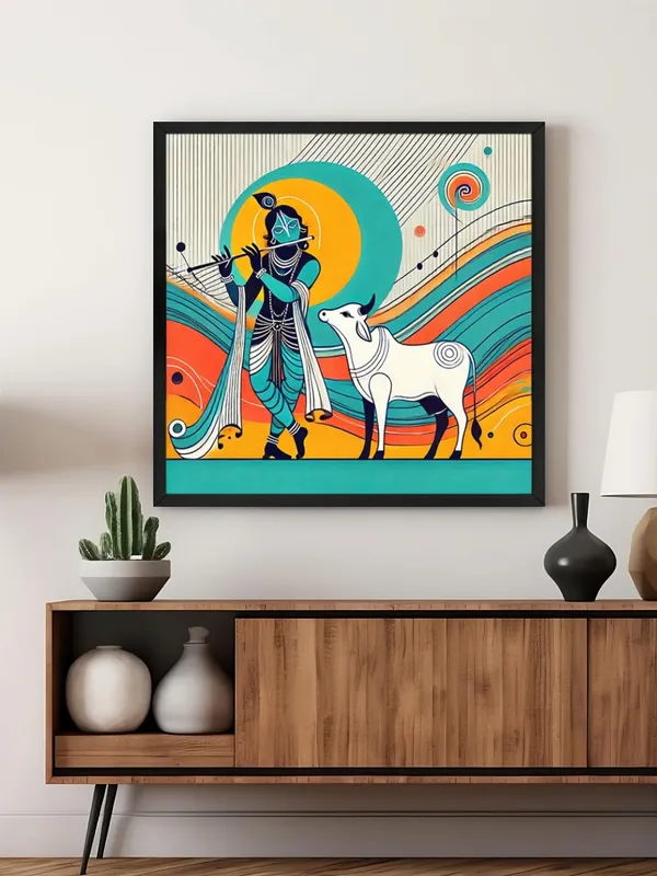 Box_Fiber_Frame_Modern_Depiction_of_Krishna_and_His_Sacred_Cow_in_Vibrant_Colors_-_Canvas_Painting_|_Indian_Folk_Art,_Krishna_Wall_Decor,_Hindu_Spiritual_Painting_(BLF36X360243)