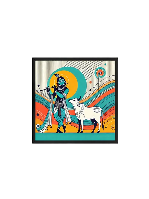 Box_Fiber_Frame_Modern_Depiction_of_Krishna_and_His_Sacred_Cow_in_Vibrant_Colors_-_Canvas_Painting_|_Indian_Folk_Art,_Krishna_Wall_Decor,_Hindu_Spiritual_Painting_(BLF36X360243)