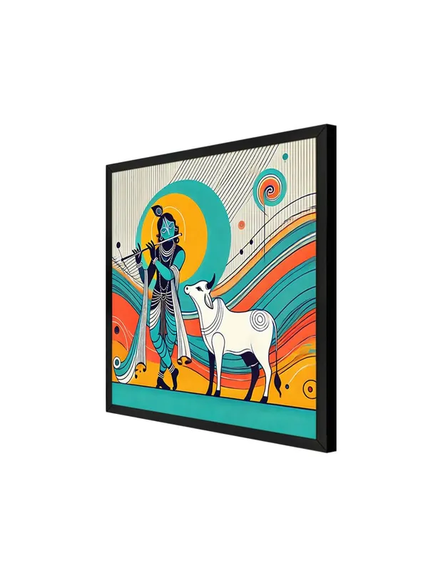 Box_Fiber_Frame_Modern_Depiction_of_Krishna_and_His_Sacred_Cow_in_Vibrant_Colors_-_Canvas_Painting_|_Indian_Folk_Art,_Krishna_Wall_Decor,_Hindu_Spiritual_Painting_(BLF36X360243)