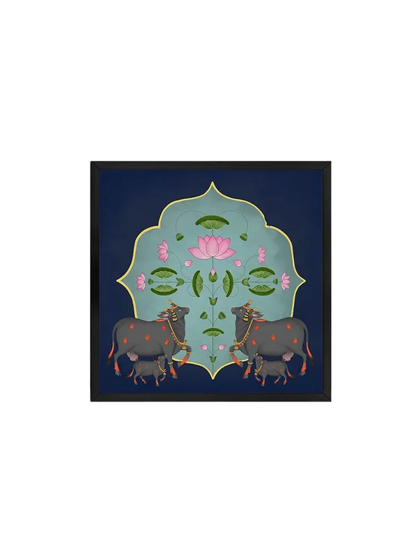 Box_Fiber_Frame_Traditional_Indian_Art_Print_-_Ornate_Black_Cows_and_Lotus_Flowers_on_Blue_Background_(BLF24X240138)