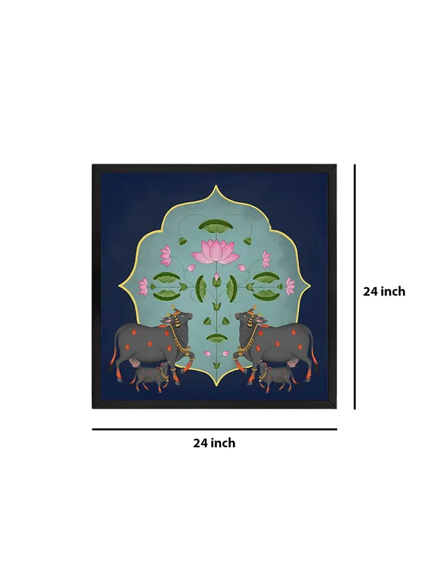 Box_Fiber_Frame_Traditional_Indian_Art_Print_-_Ornate_Black_Cows_and_Lotus_Flowers_on_Blue_Background_(BLF24X240138)