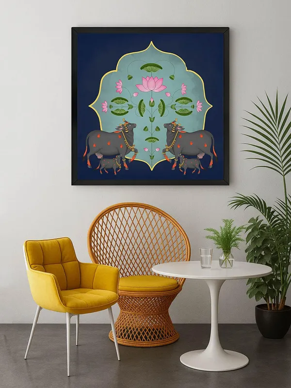 Box_Fiber_Frame_Traditional_Indian_Art_Print_-_Ornate_Black_Cows_and_Lotus_Flowers_on_Blue_Background_(BLF24X240138)
