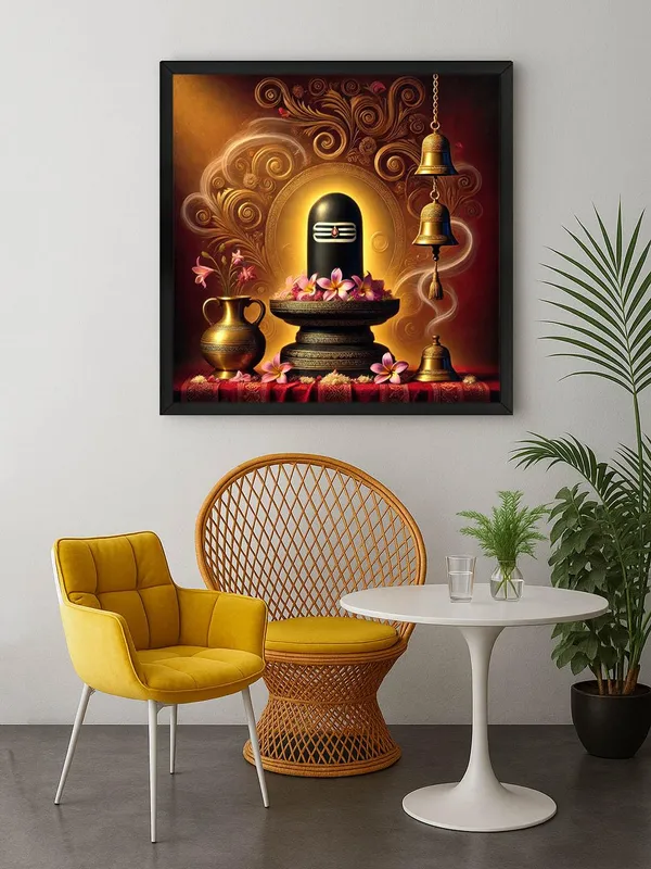 Box_Fiber_Frame_Shivlinga_Puja_Canvas_Painting_Art:_Sacred_Hindu_Ritual_Artwork_with_Flowers_and_Bells_for_Spiritual_Home_and_Temple_D�cor_(BLF36X360281)