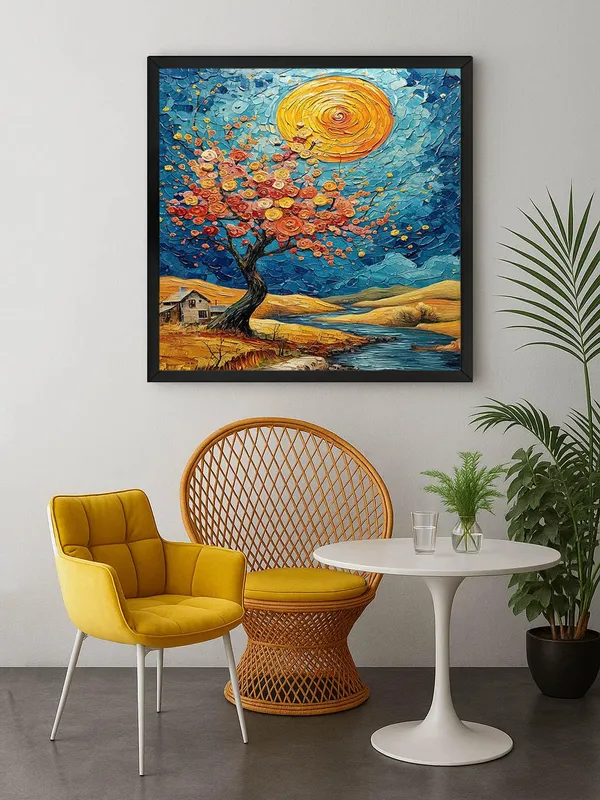 Box_Fiber_Frame_Canvas-Wrapped_Enchanting_Blossom_Tree_with_Sunset_Painting_36X36_-_Landscape_Wall_Art_(BLF36X360497)