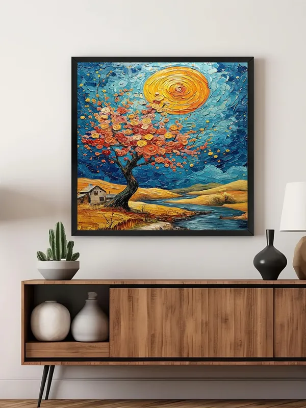 Box_Fiber_Frame_Canvas-Wrapped_Enchanting_Blossom_Tree_with_Sunset_Painting_36X36_-_Landscape_Wall_Art_(BLF36X360497)
