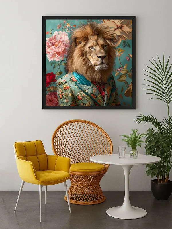 Box_Fiber_Frame_Lion_in_Green_Floral_Canvas-Wrapped_Painting,_24X24_Creative_Decor_for_Stylish_Homes_(BLF24X240327)
