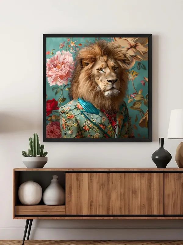 Box_Fiber_Frame_Lion_in_Green_Floral_Canvas-Wrapped_Painting,_24X24_Creative_Decor_for_Stylish_Homes_(BLF24X240327)