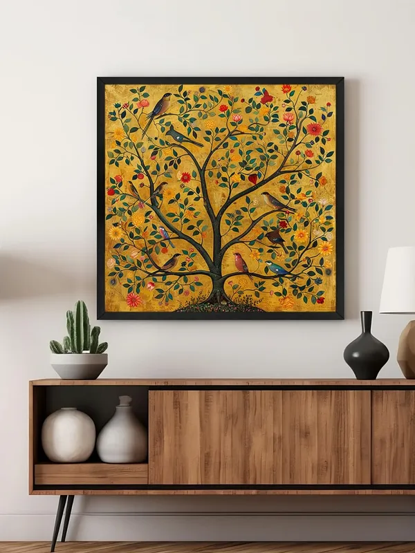 Box_Fiber_Frame_An_artistic_representation_of_a_tree_adorned_with_various_birds,_symbolizing_life_and_diversity_tree_of_life_painting_(BLF36X360200)