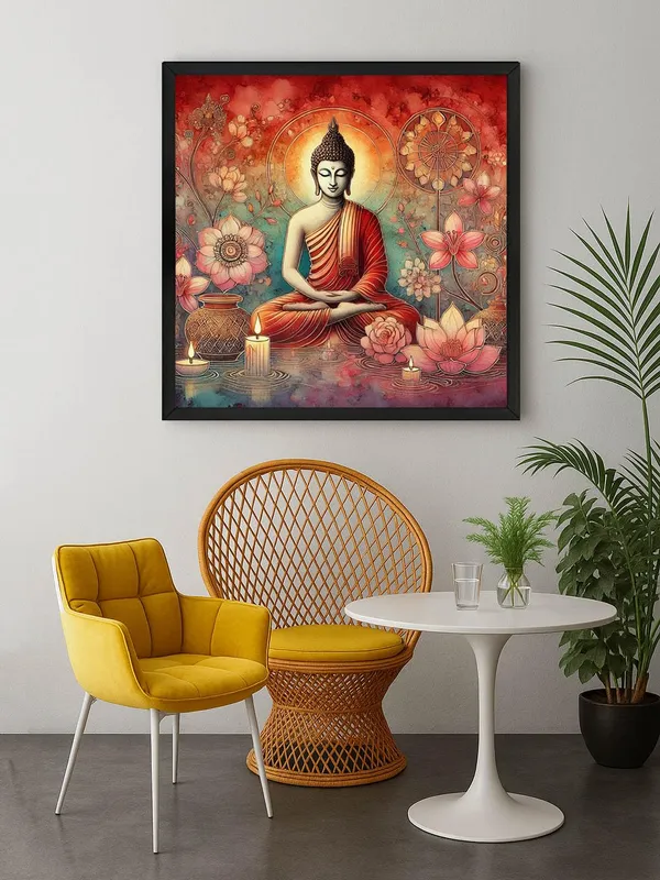 Box_Fiber_Frame_Canvas_Wrapped_Painting_of_Buddha_with_Lotus_and_Candles_-_Harmonious_Art_for_Serenity_-_24X24_Inches_(BLF24X240559)