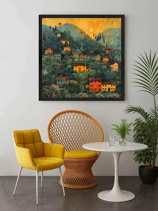 Box_Fiber_Frame_Village_at_Dawn_in_the_Hills_a_cluster_of_houses_nestled_among_the_hills_under_the_soft_morning_light_village_scenery_with_frame_(BLF24X240183)